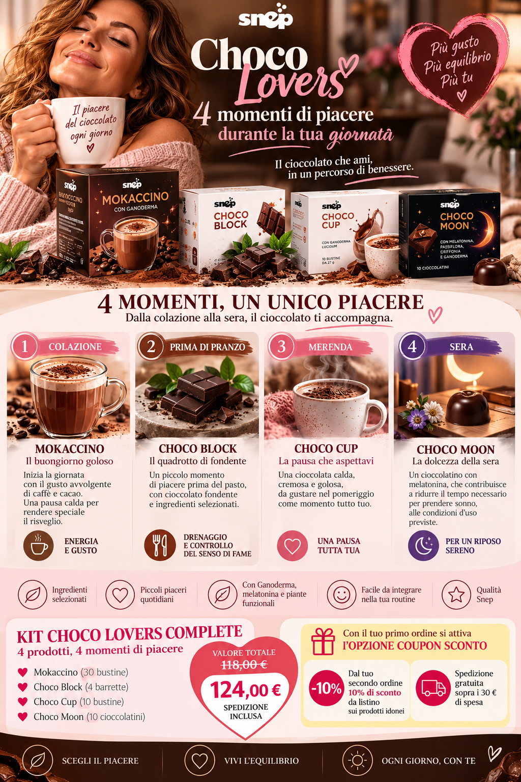 Visual illustrativo del pack Choco Lovers: Mokaccino, Choco Block, Choco Cup e Choco Moon